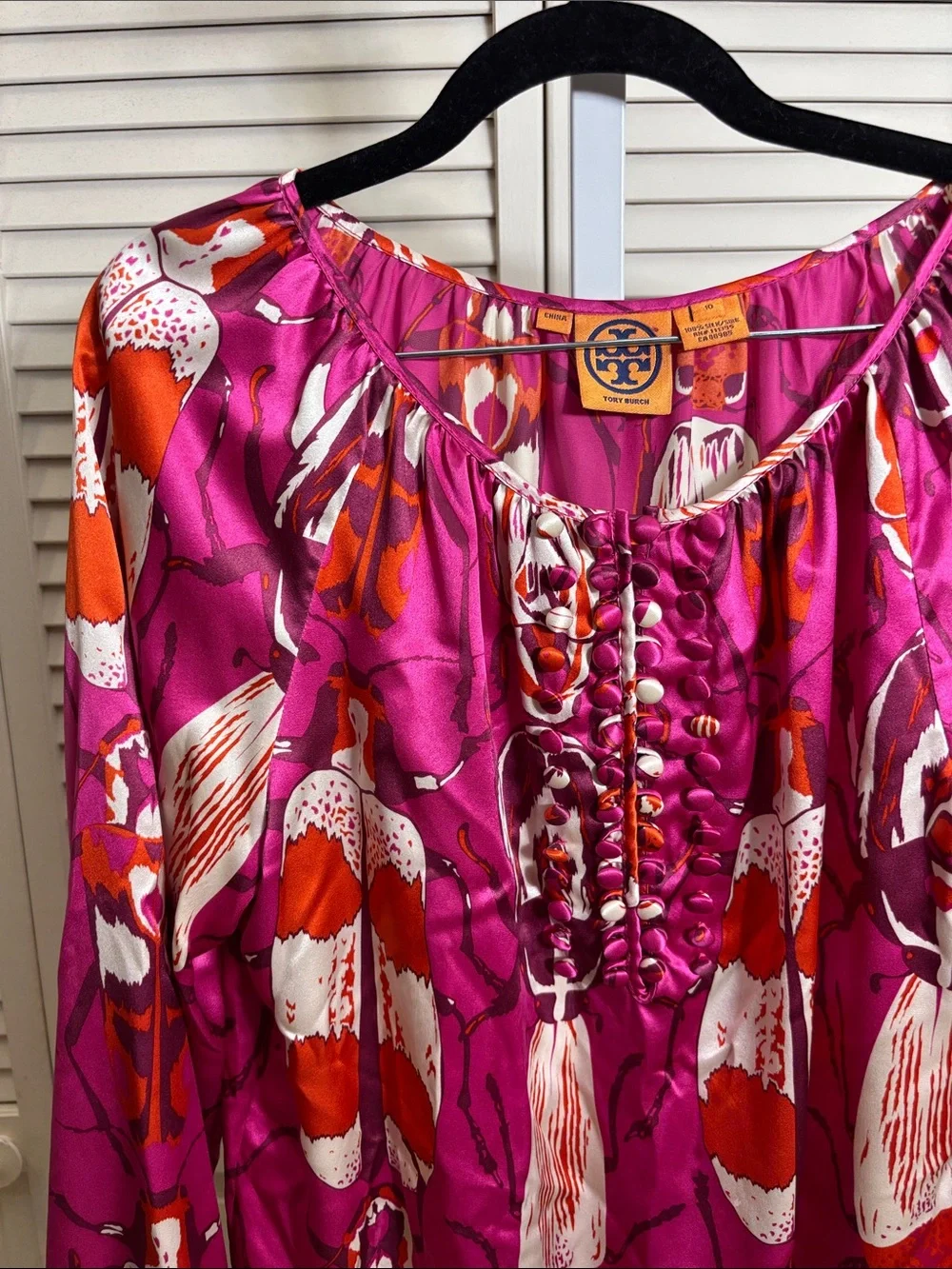 Tory Burch Satin Silk Beetle Print Bohemian Magenta Blouse Size 10